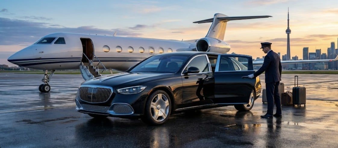 International chauffeur service in Washington, D.C., featuring a professional driver, a premium black car, and a private jet on the tarmac at sunset.