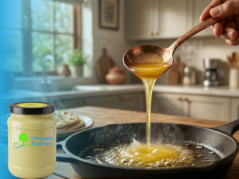 Golden desi ghee poured into a hot pan in a Pakistani kitchen with parathas and warm lighting.