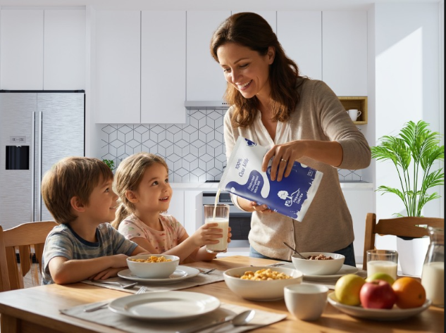 Mother pouring Heaven Dairies pasteurized milk for two children at breakfast table in a modern kitchen